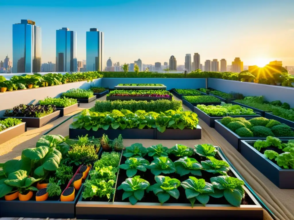 Cultivo de alimentos funcionales urbanos innovadores en un jardín de azotea vibrante y organizado, entre rascacielos modernos y luz dorada