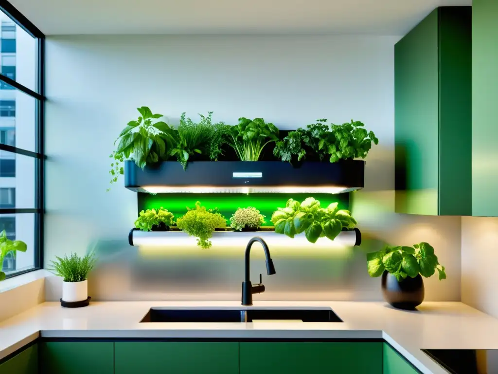 Cultivo de alimentos orgánicos en apartamentos: sistema hidropónico vertical con hierbas y vegetales en cocina moderna