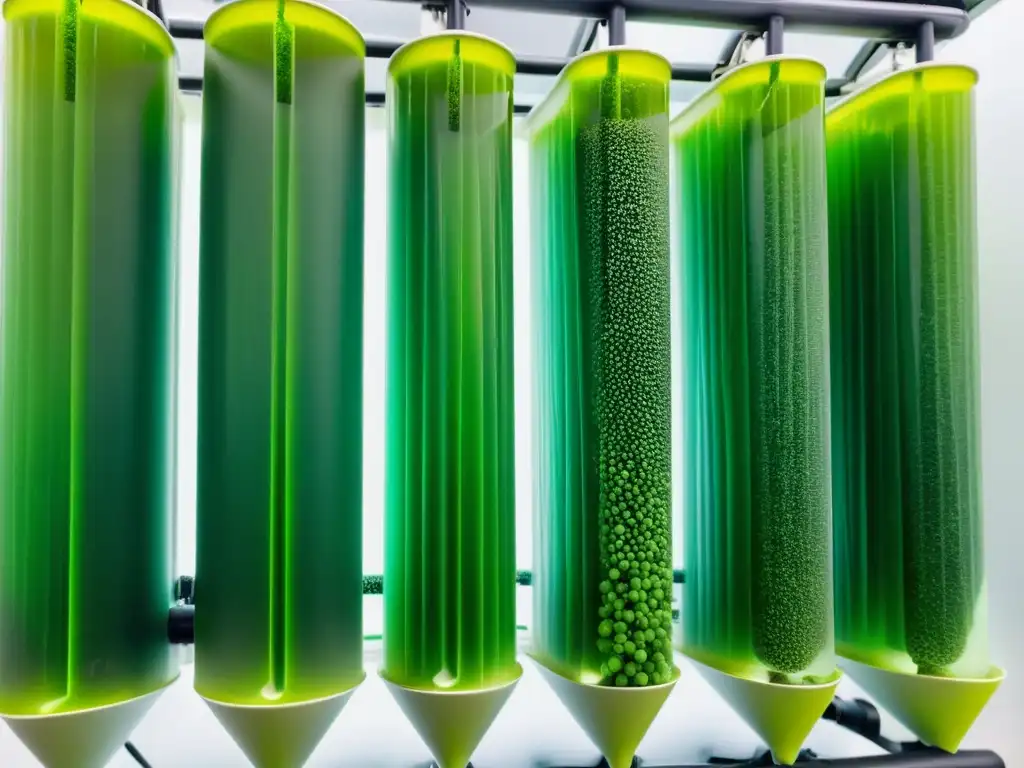 Cultivo de espirulina en huerto vertical: imagen moderna y vibrante de espirulina verde en sistema de cultivo vertical