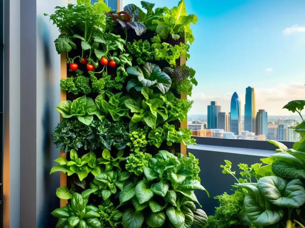 Cultivo de hortalizas en huerto vertical urbano con vegetación exuberante y arquitectura urbana moderna