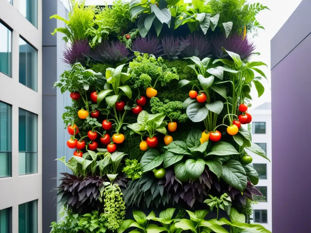 Cultivo de hortalizas en huerto vertical urbano con verduras y hierbas vibrantes, fusionando la naturaleza con la vida urbana moderna