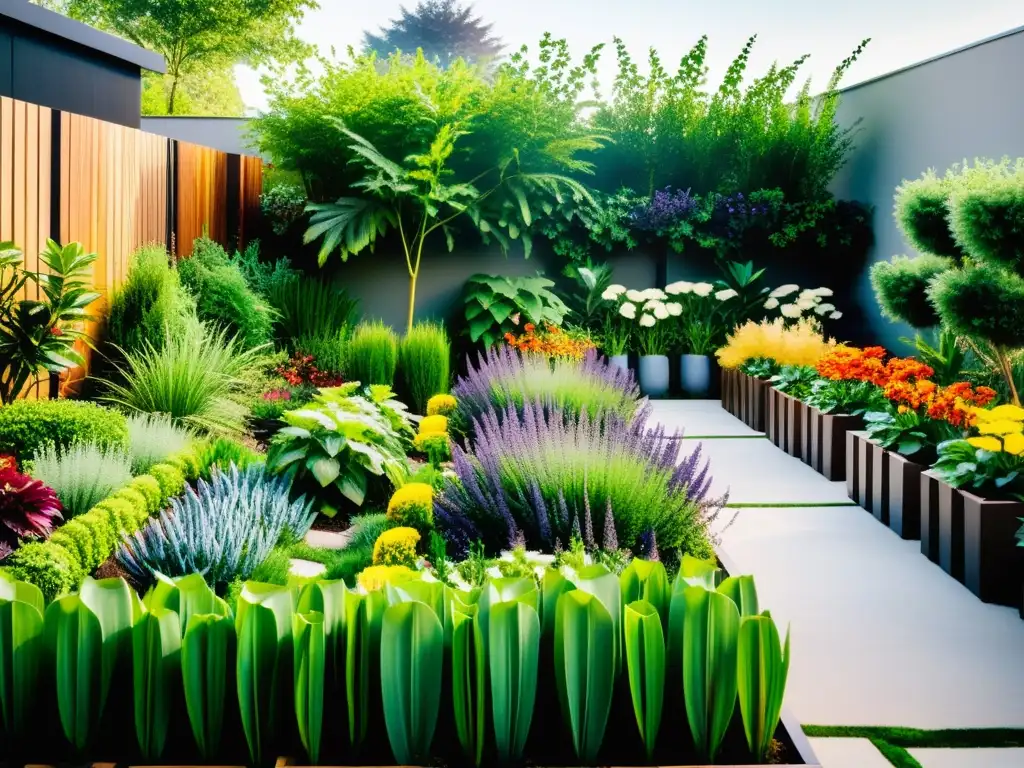 Cultivo de plantas aromáticas en huertos urbanos: un jardín urbano exuberante y moderno, con variedad de plantas y flores en macetas y camas elevadas