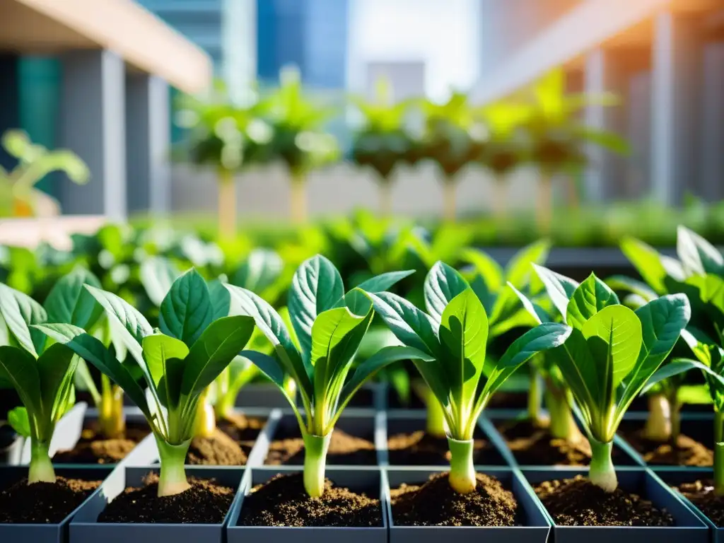 Cultivo urbano de maca para salud: imagen de vibrantes plantas de maca en un jardín urbano, iluminadas por luz natural