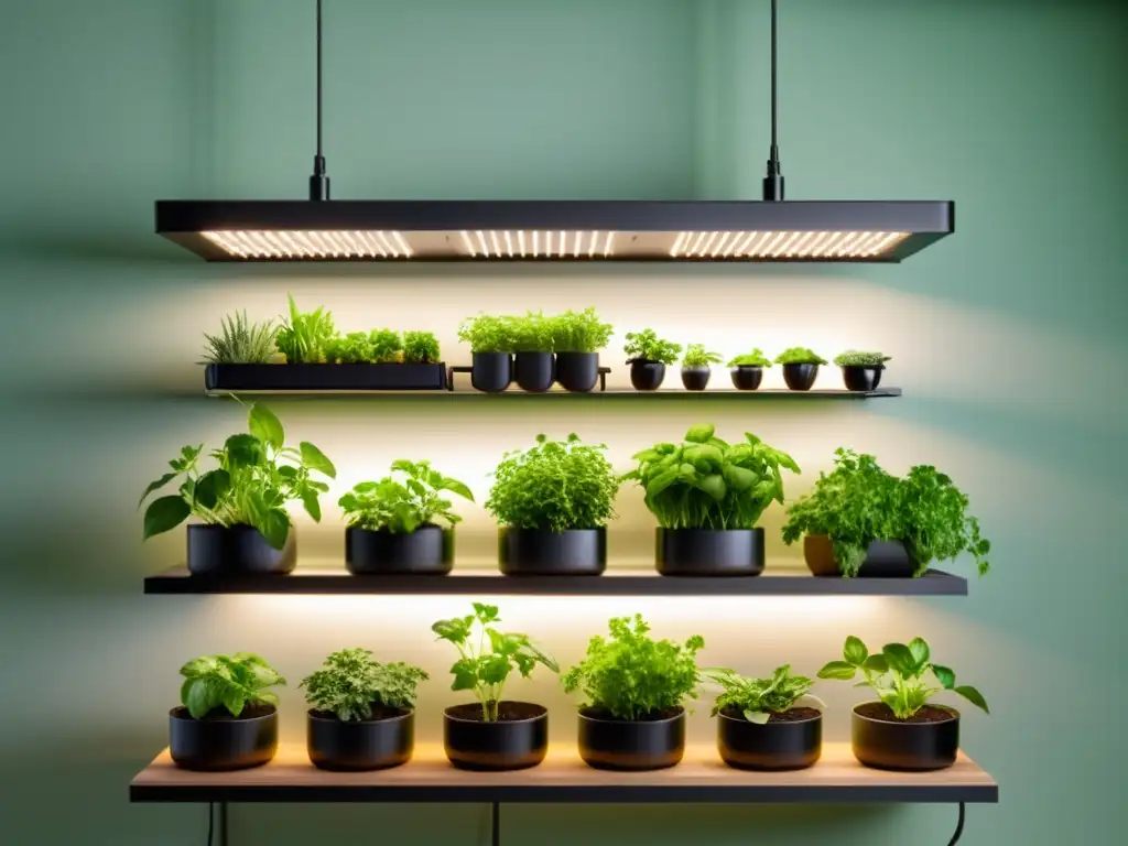 Cultivo de vegetales orgánicos en interiores: Espacio de cultivo luminoso y moderno con hierbas y vegetales verdes en macetas, iluminado por luces LED