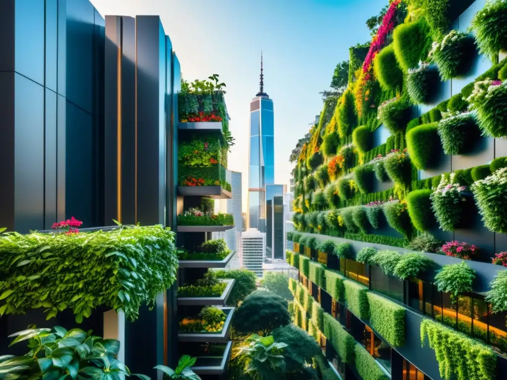 Cultivo vertical en ciudades: Futurista skyline urbano con rascacielos entrelazados con exuberantes jardines verticales llenos de vida y luz solar