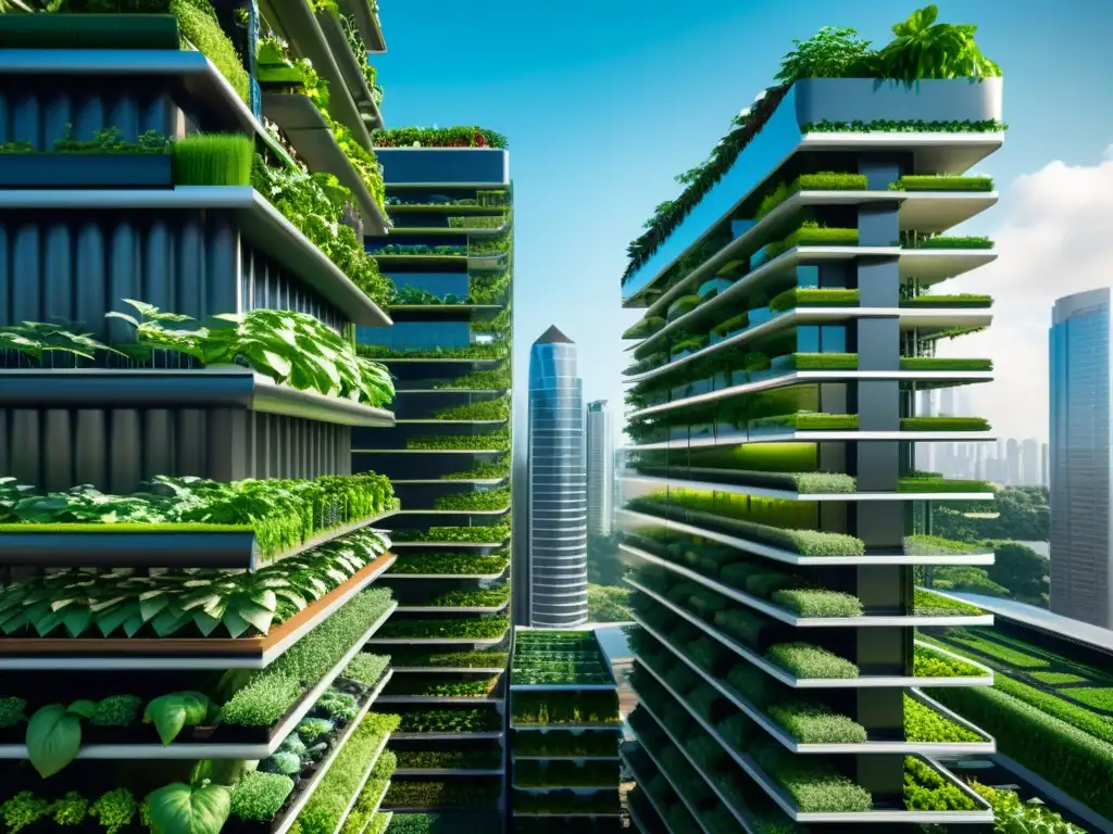 Cultivo vertical en ciudades: imagen impactante de un paisaje urbano moderno con rascacielos integrados a la agricultura vertical y jardines