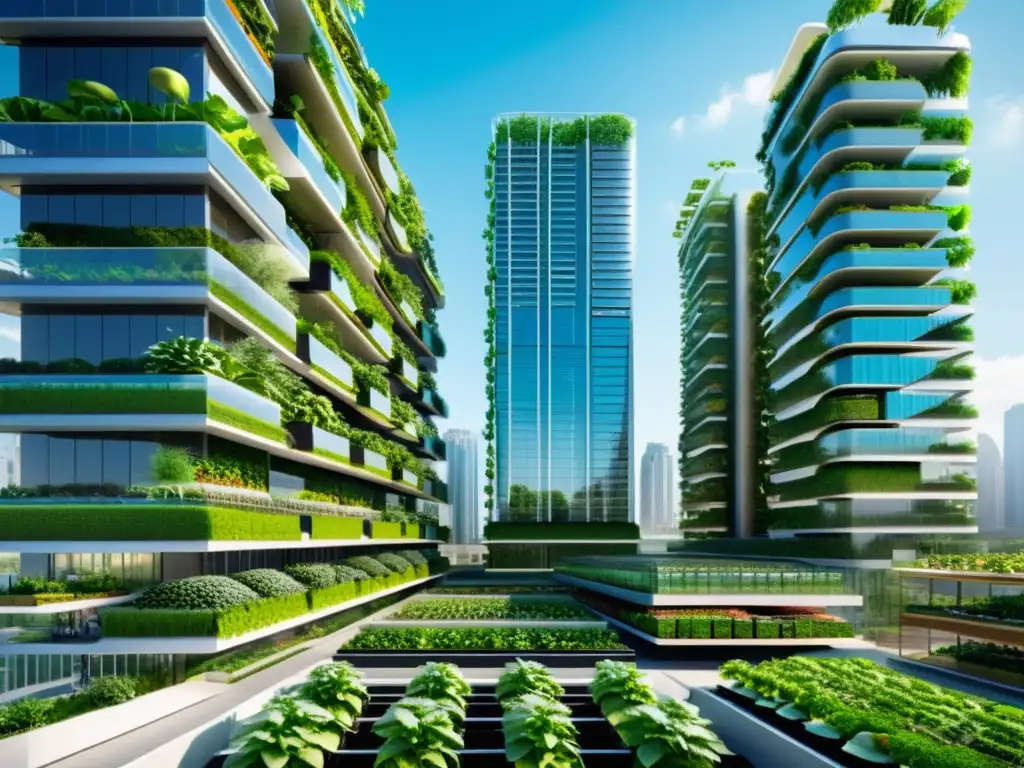 Cultivo vertical en ciudades: Integración de granjas verticales en moderno paisaje urbano, arquitectura futurista y vegetación próspera