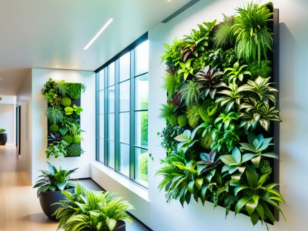 Cultivo vertical en espacios educativos: Jardín vibrante y moderno en un espacio educativo futurista, con plantas exuberantes en macetas verticales