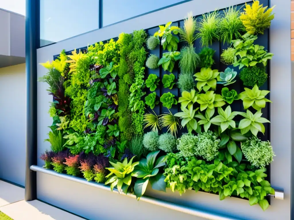 Cultivo vertical en espacios educativos: Jardín vertical vibrante y moderno en la pared de una escuela, con variedad de plantas verdes en el sol