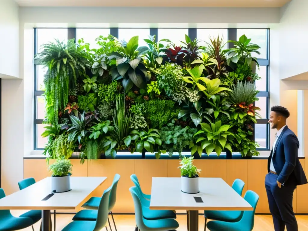 Cultivo vertical en espacios educativos: Jardín contemporáneo en aula luminosa, con plantas exuberantes y estudiantes participando