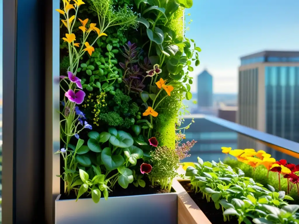 Cultivo vertical de microgreens en espacios urbanos: Una exuberante y detallada imagen de un jardín vertical moderno y vibrante, lleno de microgreens exuberantes y flores comestibles coloridas, enmarcado por un paisaje urbano contemporáneo y bañado por la cálida luz del