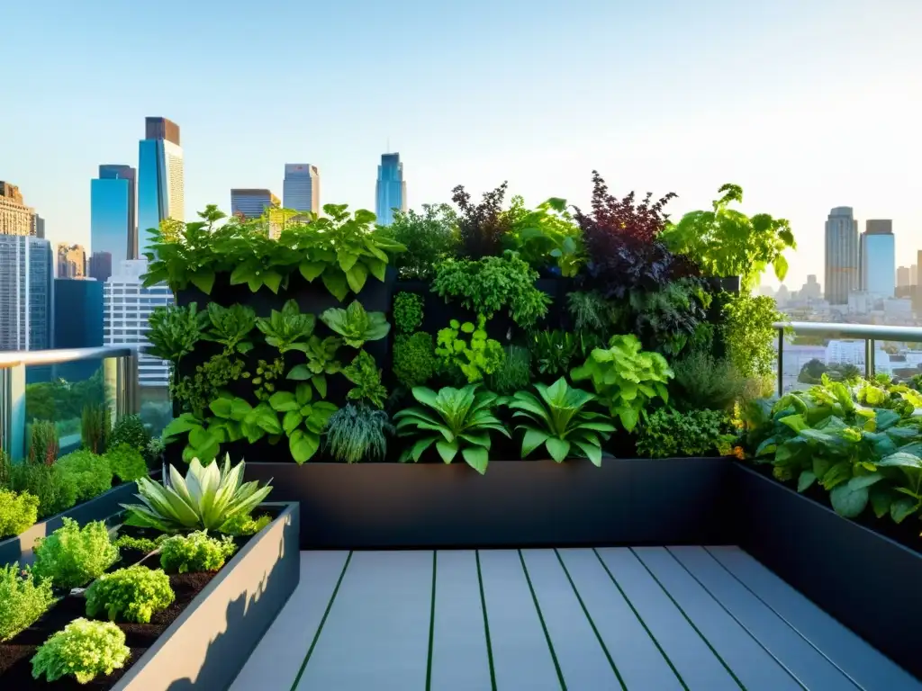 Cultivos de temporada en huertos verticales: jardín urbano moderno con plantas y hortalizas en vertical, contrastando con el skyline de la ciudad