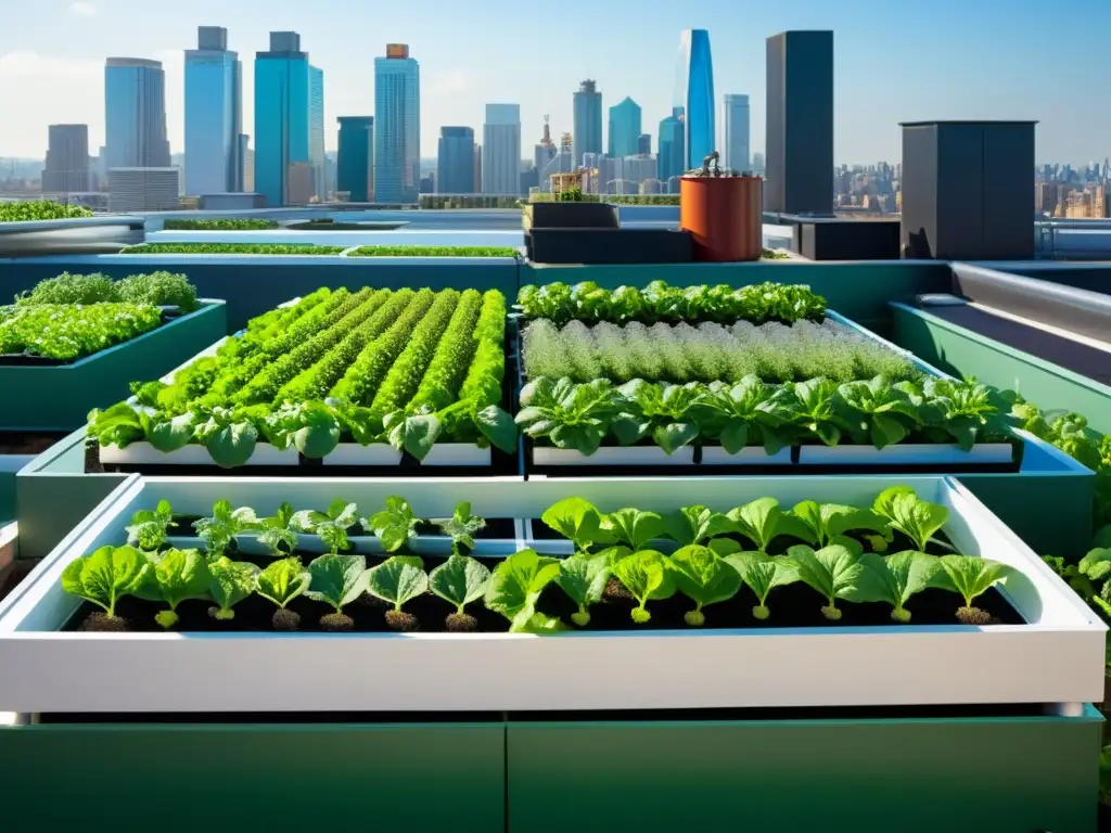 Cultivos de temporada acuaponía urbana: impactante sistema en la azotea con tomates, lechugas y hierbas en un entorno urbano moderno