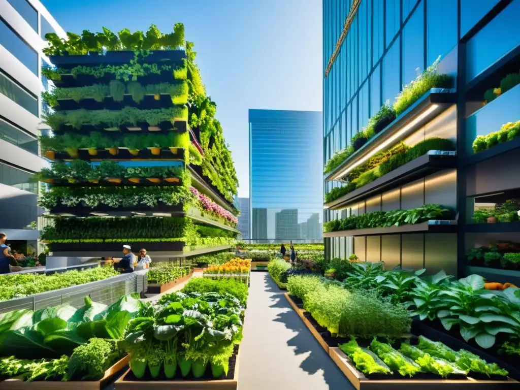 Cultivos verticales para agricultura urbana: Un paisaje urbano moderno y vibrante con rascacielos y jardines verticales llenos de vida y abundancia