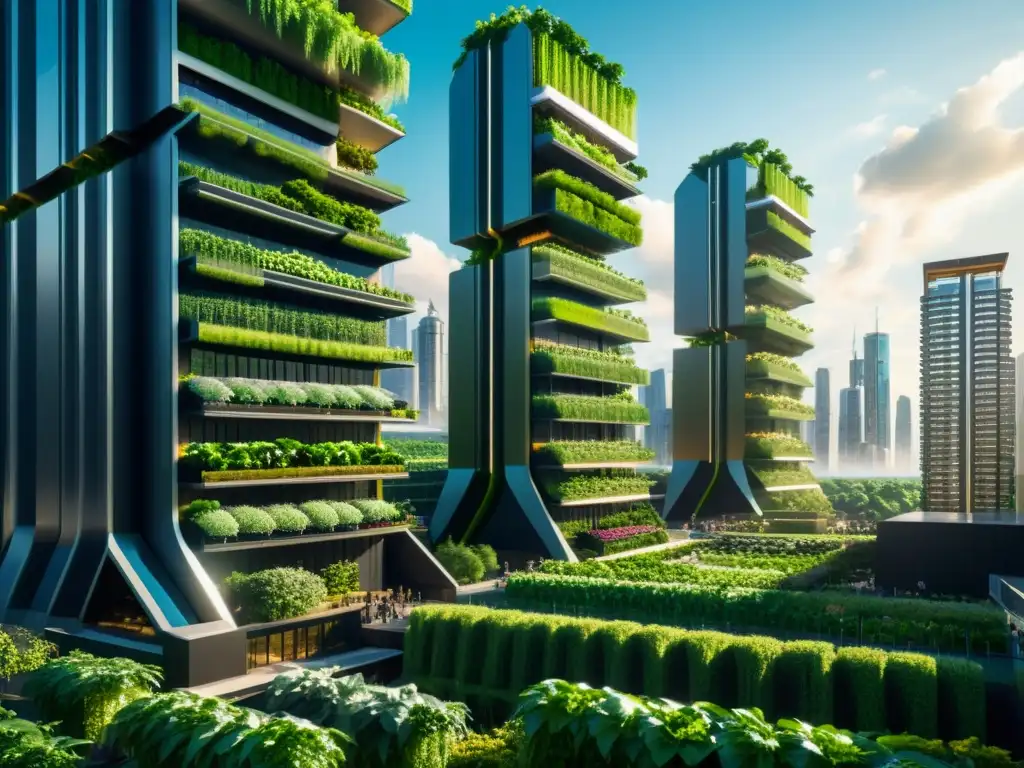 Cultivos verticales de alto rendimiento urbano en un paisaje futurista con moderna arquitectura y exuberante vegetación