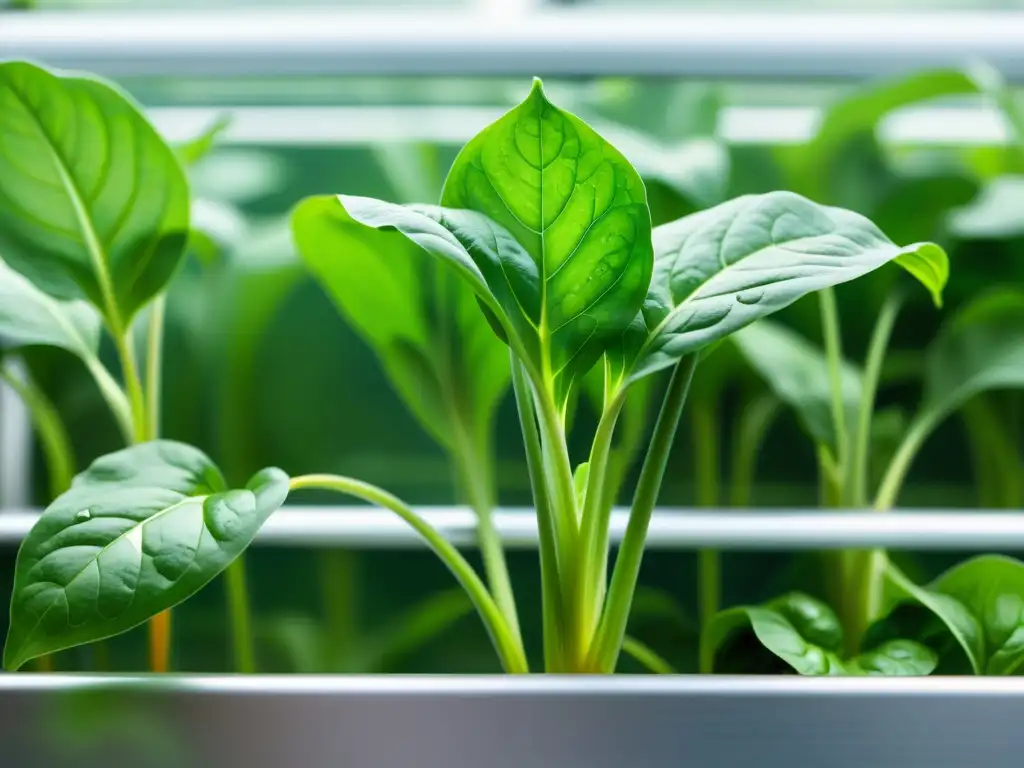 Delicadas hojas de espinaca verde en acuaponía urbana, con hierro biodisponible y diseño moderno que fusiona naturaleza e innovación