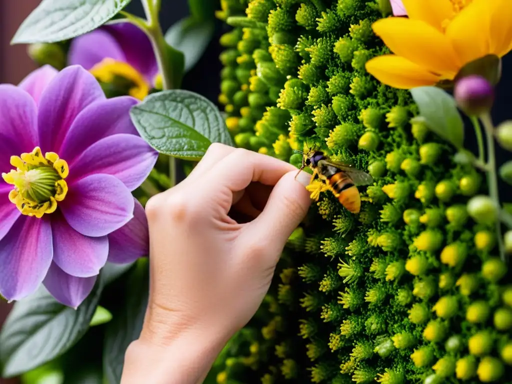 Un delicado proceso de polinización manual en huertos verticales, destacando la precisión y cuidado en un jardín moderno y vibrante