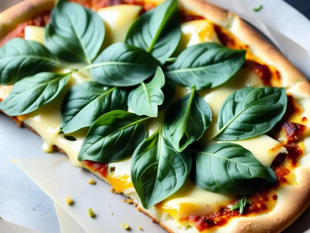 Deliciosa pizza casera con rúcula y espinacas, queso derretido y masa crujiente dorada