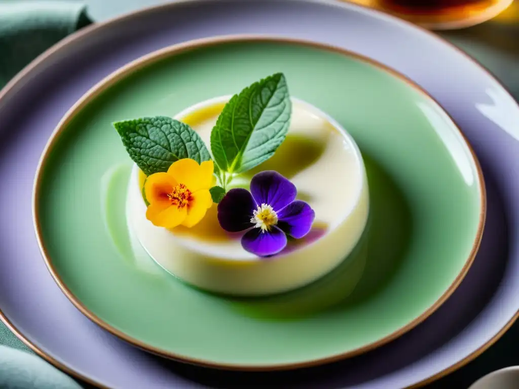 Deliciosa panna cotta de lavanda con hierbabuena y flores comestibles en plato blanco