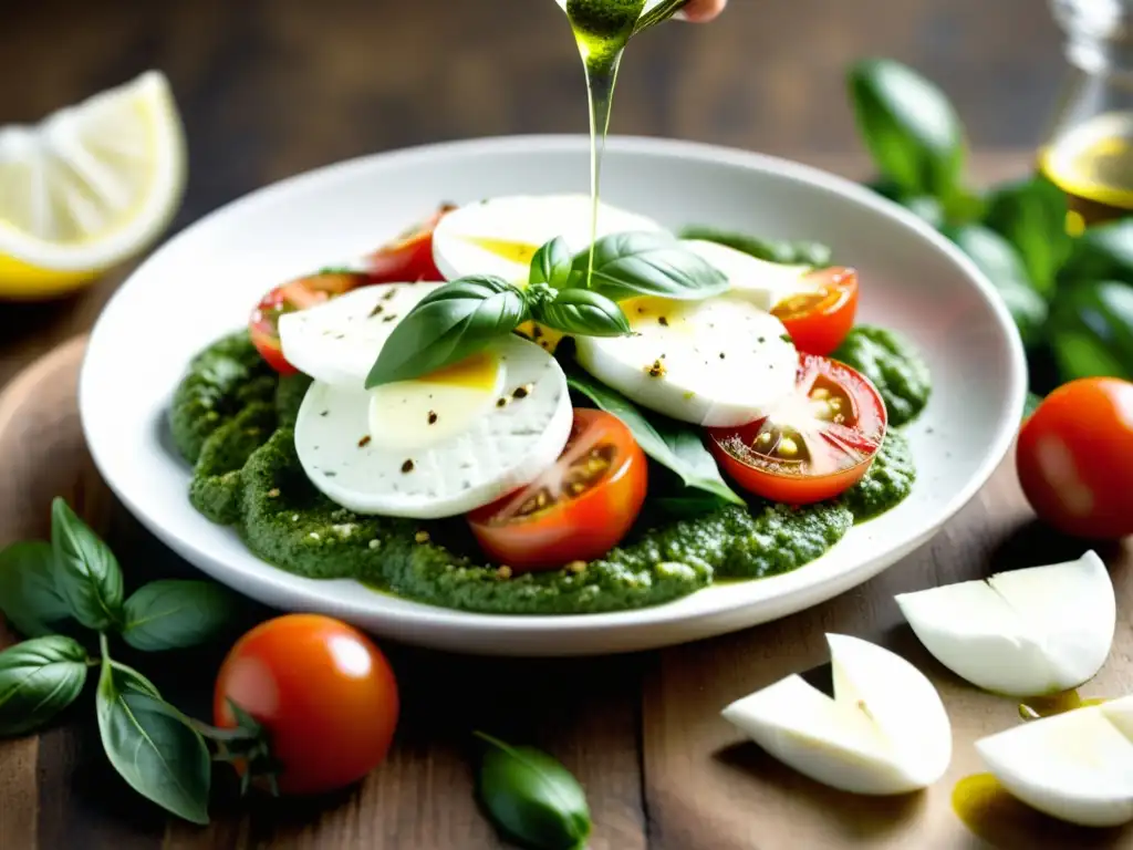 Delicioso pesto verde sobre ensalada caprese Deliciosa salsa pesto verde sobre ensalada caprese, perfecta para huertos verticales