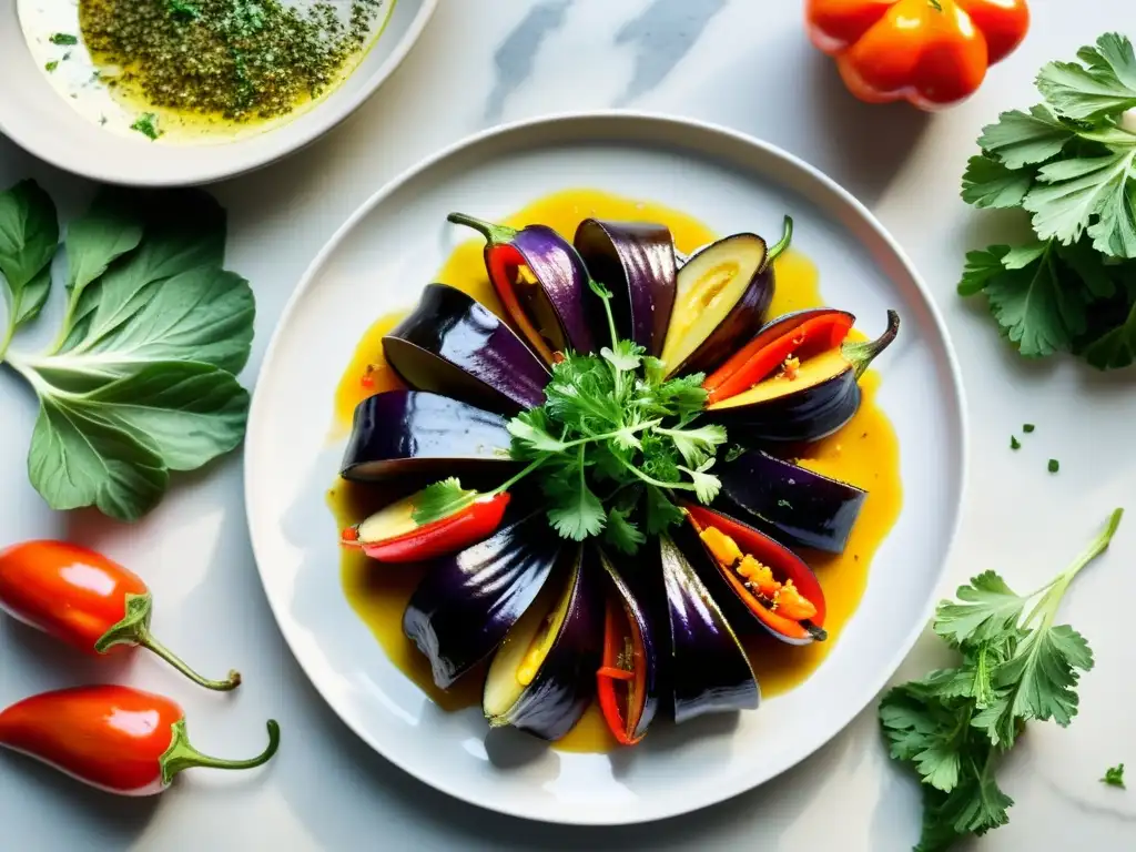 Deliciosa receta de berenjenas y pimientos en un balcón soleado, capturando la frescura y el arte culinario