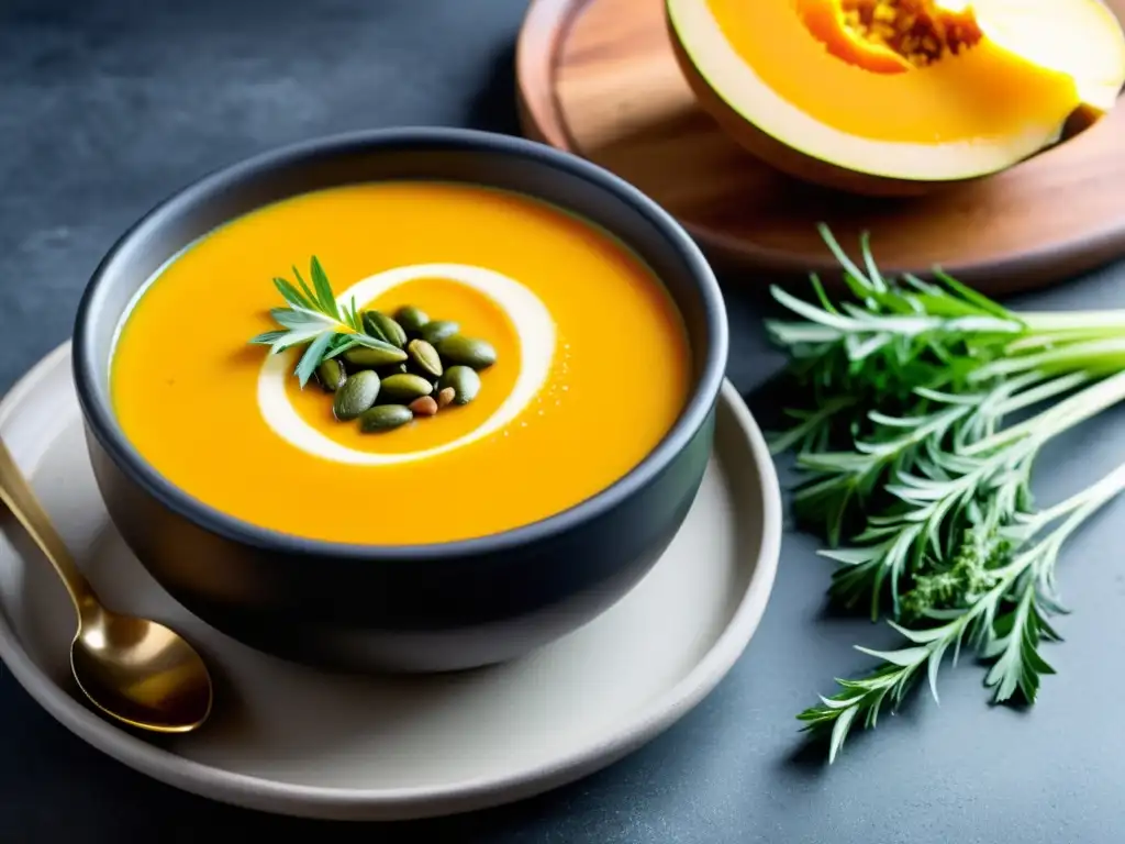 Una deliciosa sopa de calabaza con leche de coco, semillas de calabaza tostadas y hierbas frescas en un elegante tazón negro en una mesa rústica