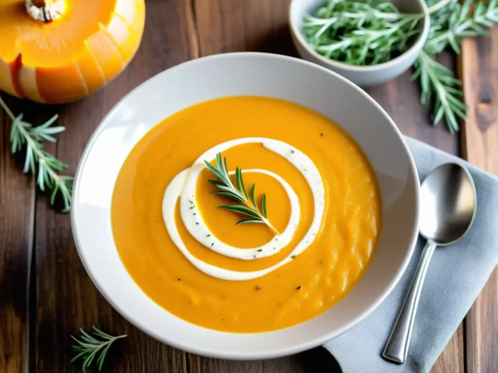 Una deliciosa sopa de crema de calabaza con un toque de aceite de oliva, pimienta y tomillo fresco