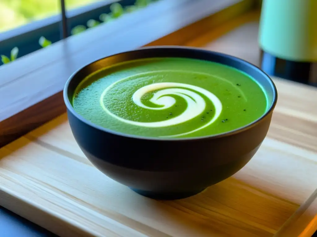 Una deliciosa sopa de guisantes verdes con crema, pimienta y microgreens en un elegante cuenco negro sobre mesa de madera con luz natural