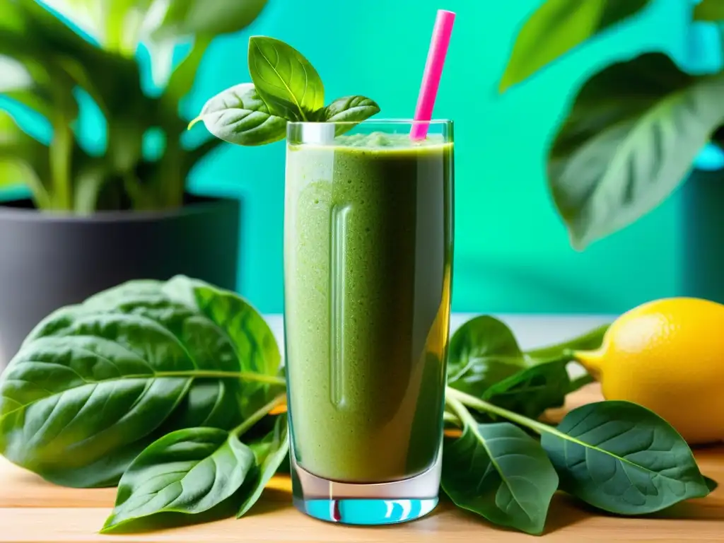 Un delicioso smoothie verde con espinacas acuaponía, rodeado de un jardín exuberante y vibrante