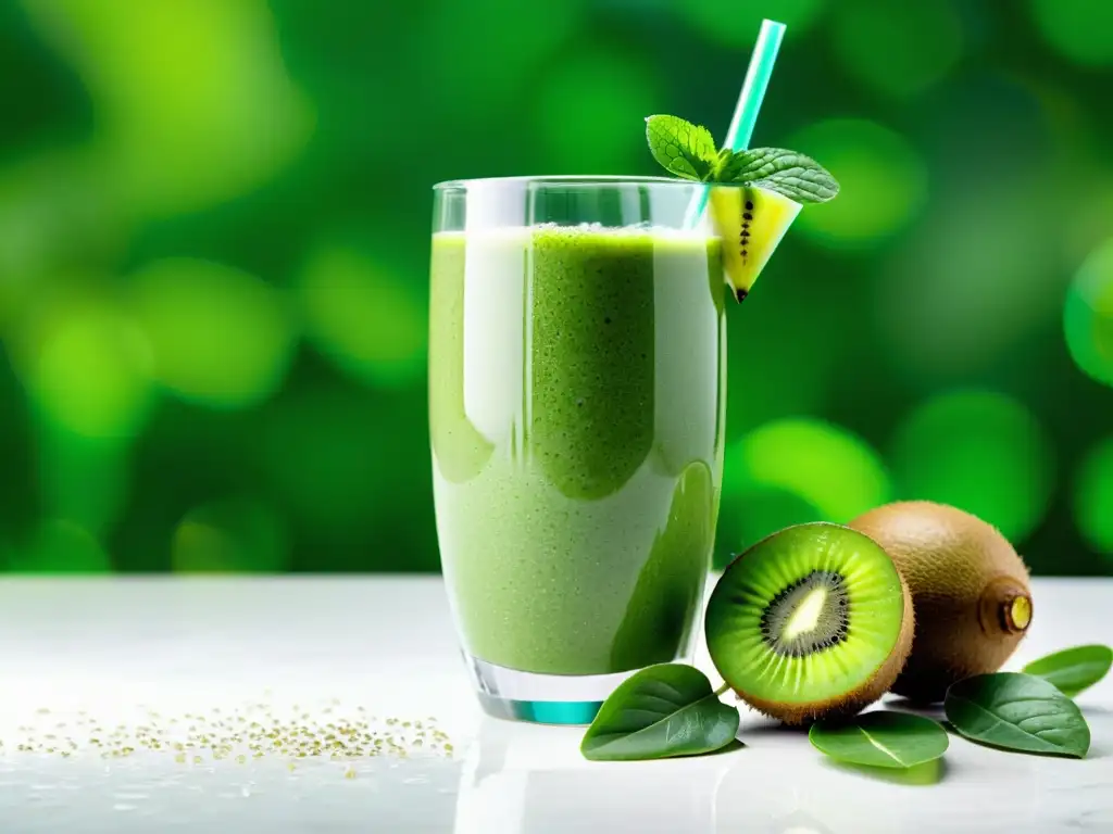 Un delicioso smoothie verde con espinacas acuaponía, adornado con kiwi y semillas de chía, reflejando frescura y vitalidad