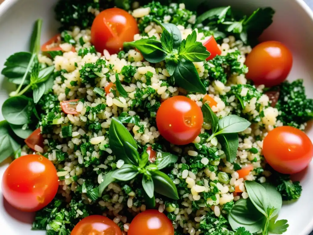 Un delicioso tabulé con perejil y menta frescos, tomate jugoso y bulgur, presentado en un elegante bol blanco sobre una mesa rústica