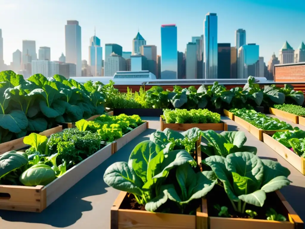 Densidad nutricional cultivos verticales en un bullicioso jardín urbano, repleto de verduras exuberantes y un trasfondo de la ciudad