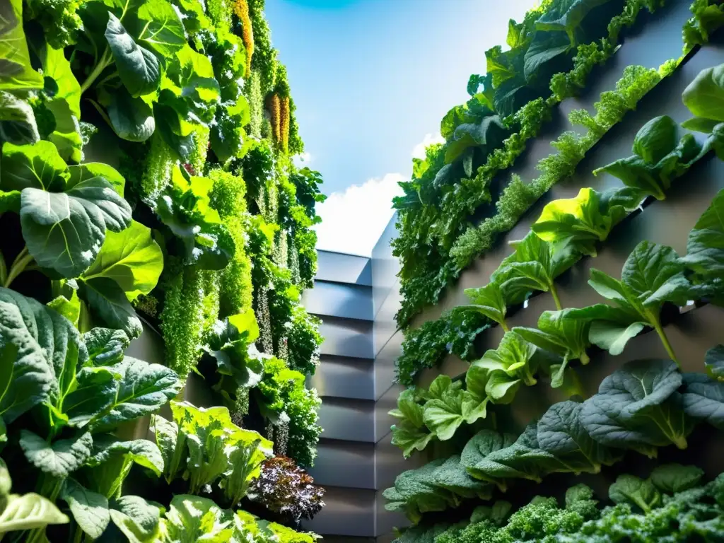 Densidad nutricional en cultivos verticales: un jardín verde exuberante con hortalizas vibrantes alcanzando el cielo en un entorno urbano moderno