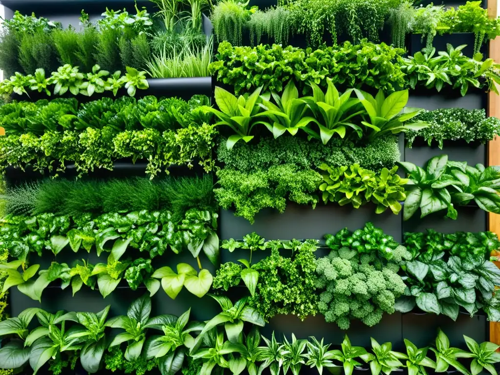 Densidad nutricional en cultivos verticales: un jardín vertical vibrante con verduras y hierbas, bañado en luz natural