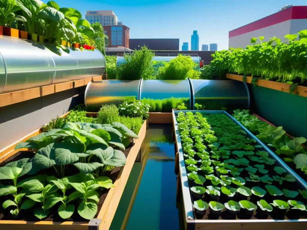 Densidad nutricional en acuaponía urbana: Jardín vibrante con huertos, peceras y plantas frondosas en un entorno urbano integrado