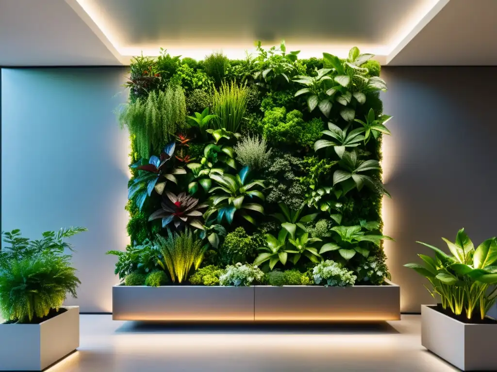 Un deslumbrante huerto vertical interior iluminado con LED, destacando la exuberante vegetación