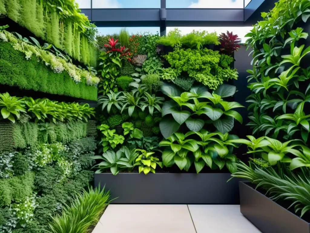 Deslumbrante huerto vertical urbano integrado en arquitectura moderna, con variedad de plantas vibrantes y exuberantes