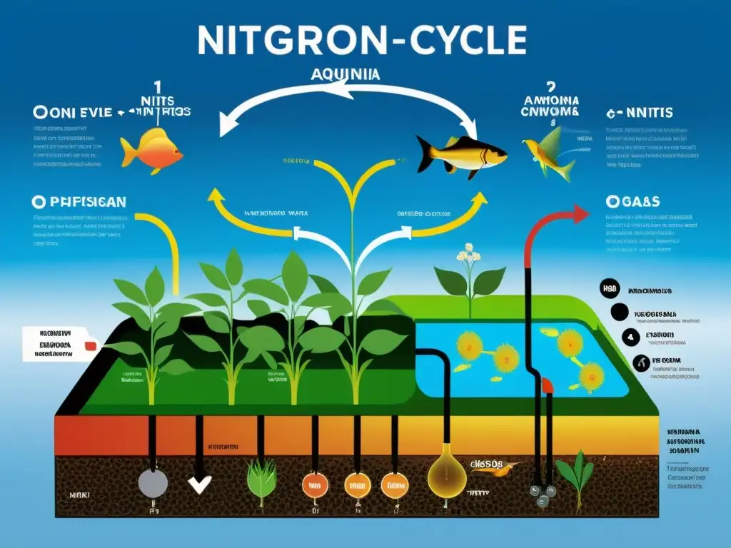 Detallada ilustración del ciclo del nitrógeno en acuaponía, con vibrantes colores y etiquetas claras