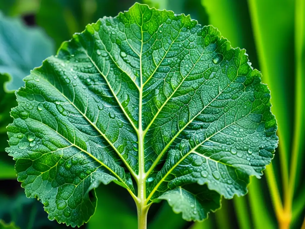 Detallada hoja de kale verde con gotas de agua brillantes