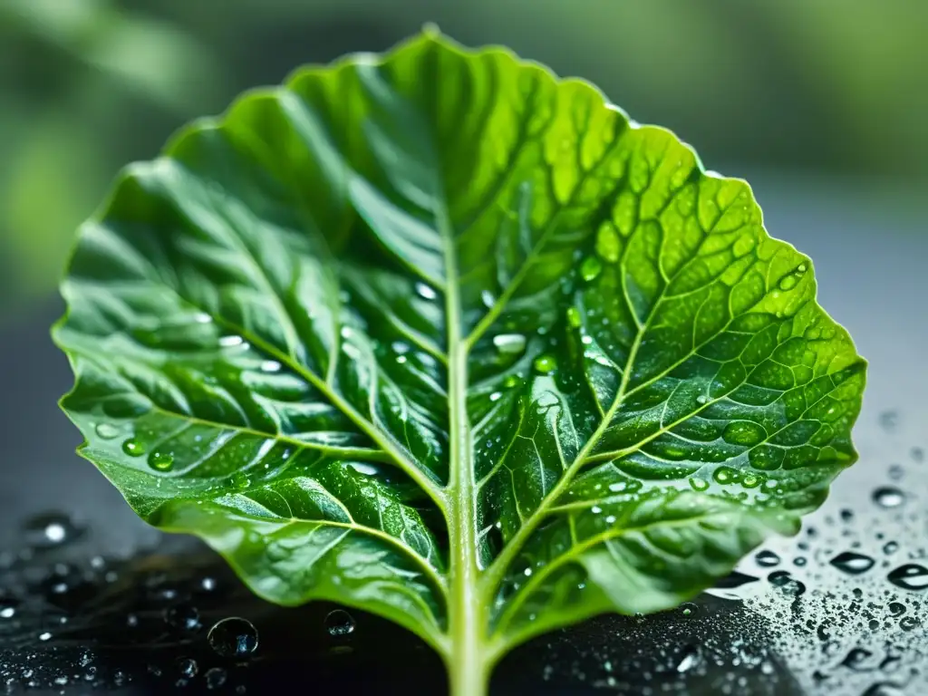 Detallada hoja verde de lechuga con gotas de agua, resaltando la red de venas y fibras