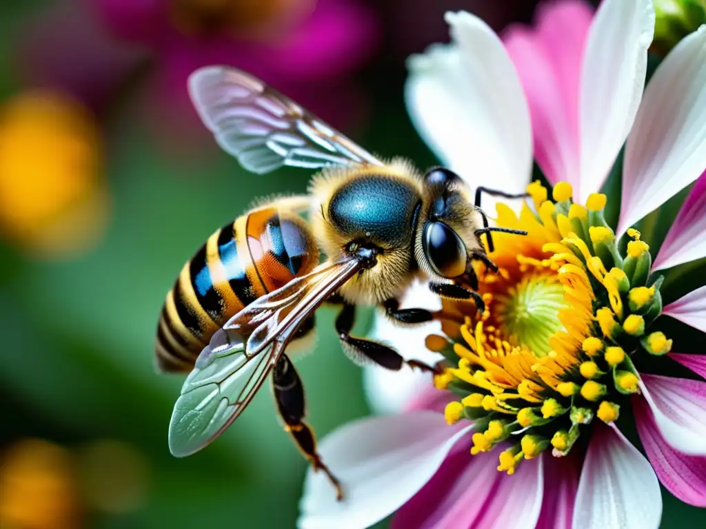 Detallada imagen de abeja cubierta de polen junto a flor en huerto vertical