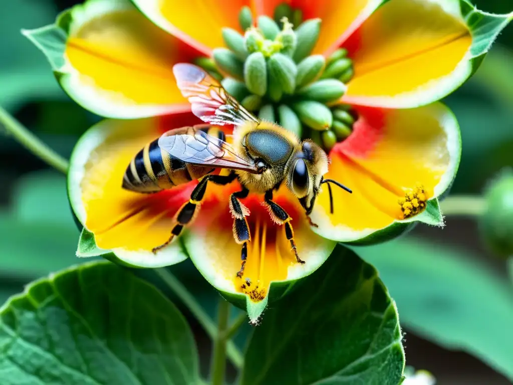 Detallada imagen de una abeja cubierta de polen en una planta de sandía en sistema de acuaponía