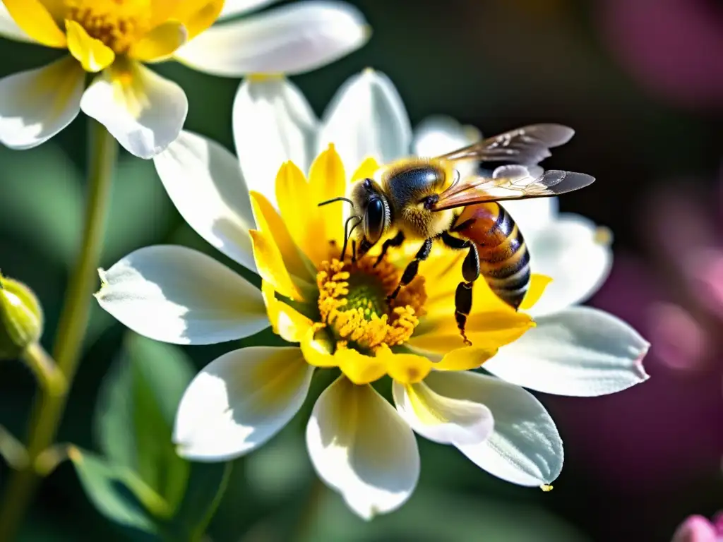 Detallada imagen de una abeja cubierta de polen amarillo sobre una flor rosa, con luz solar filtrándose a través de sus alas