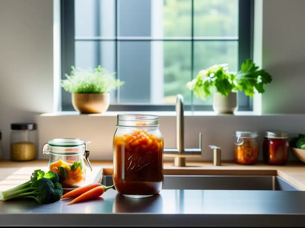 Detallada imagen de una cocina urbana con fermentación de vegetales en un tarro, creando un ambiente cálido y acogedor