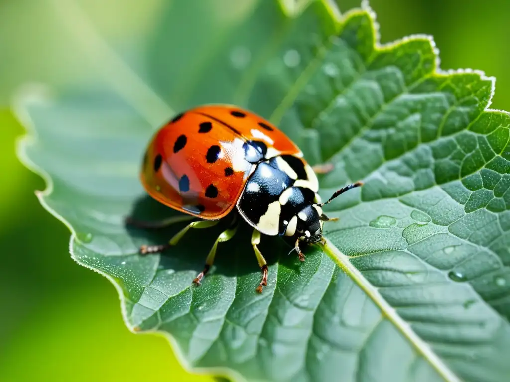 Detallada imagen de una mariquita en una hoja verde, resaltando la belleza natural de los insectos beneficiosos huertos urbanos