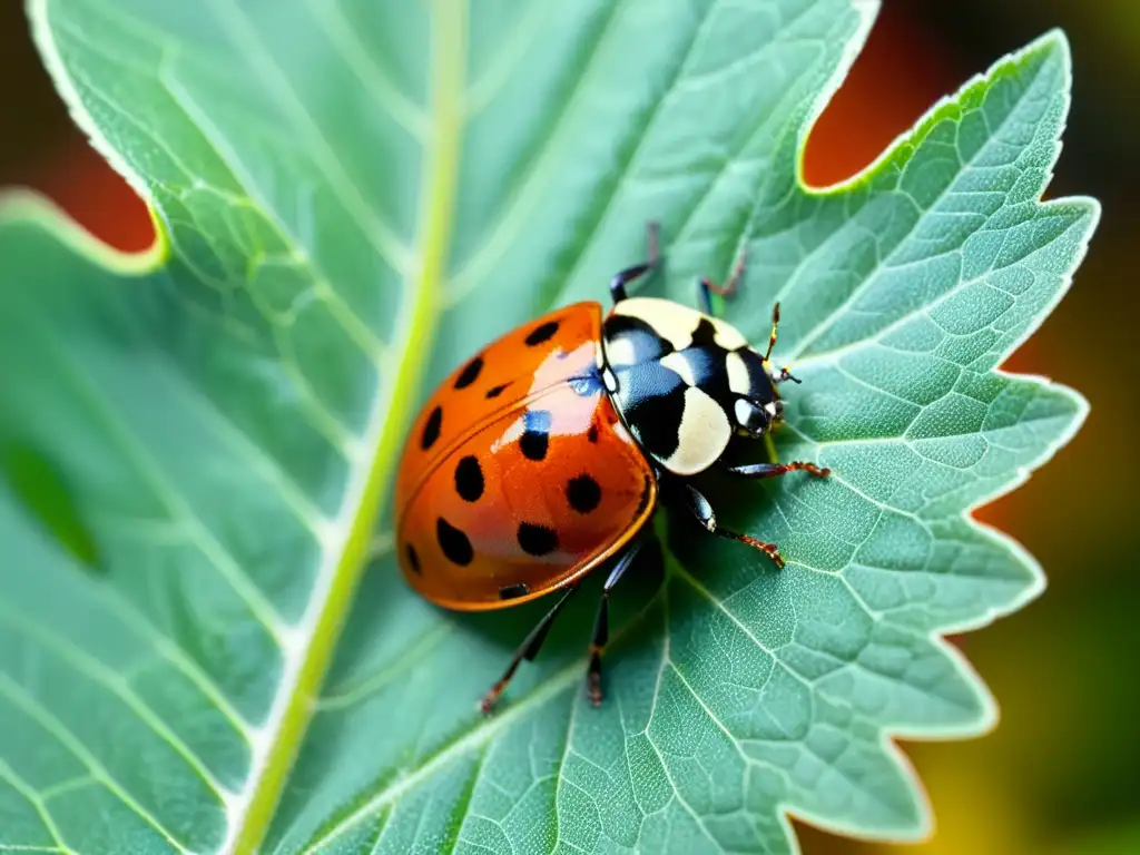 Detallada imagen de una mariquita en una hoja verde, con patrones y texturas impresionantes