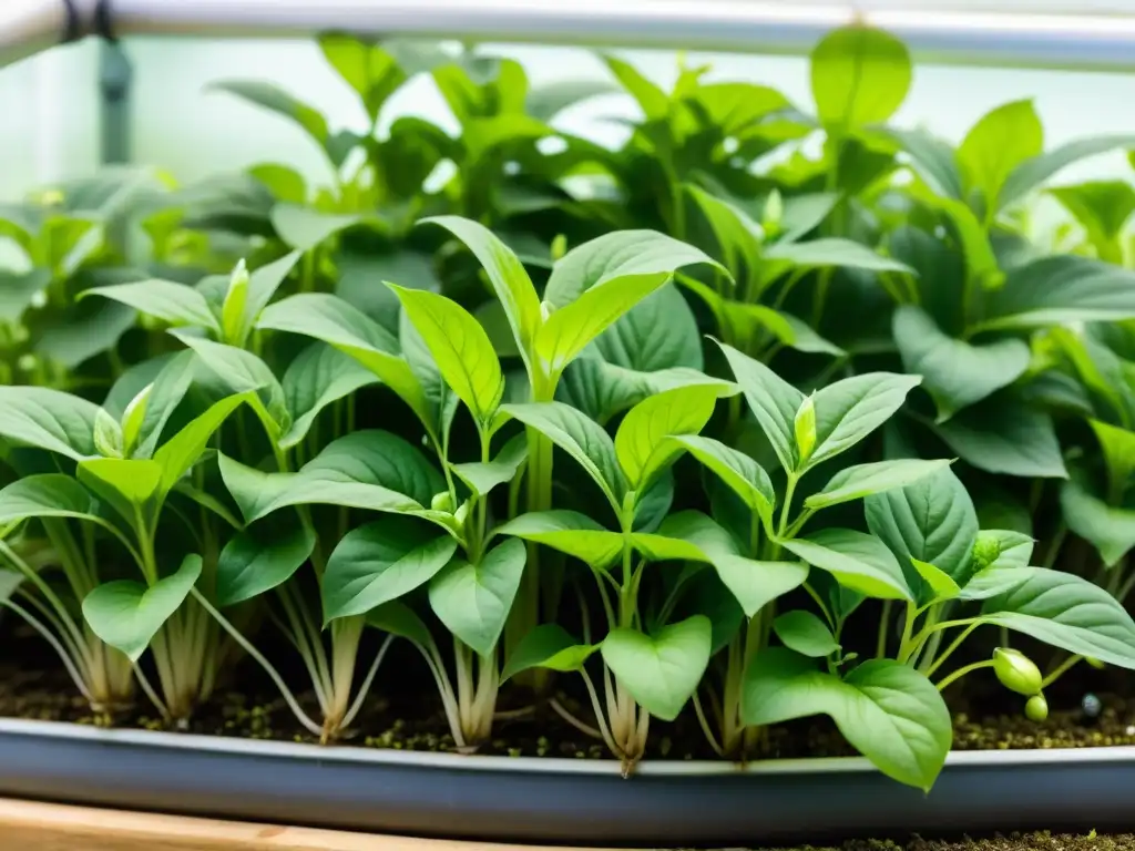 Detallada imagen de plantas en acuaponía con signos de falta de nutrientes