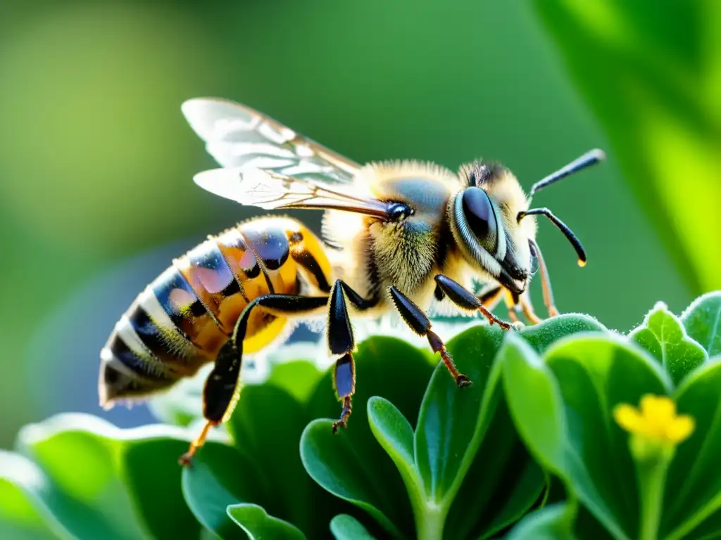 Detallada imagen de polinización en sistemas de acuaponía, con una abeja cubierta de polen sobre una planta de berro vibrante