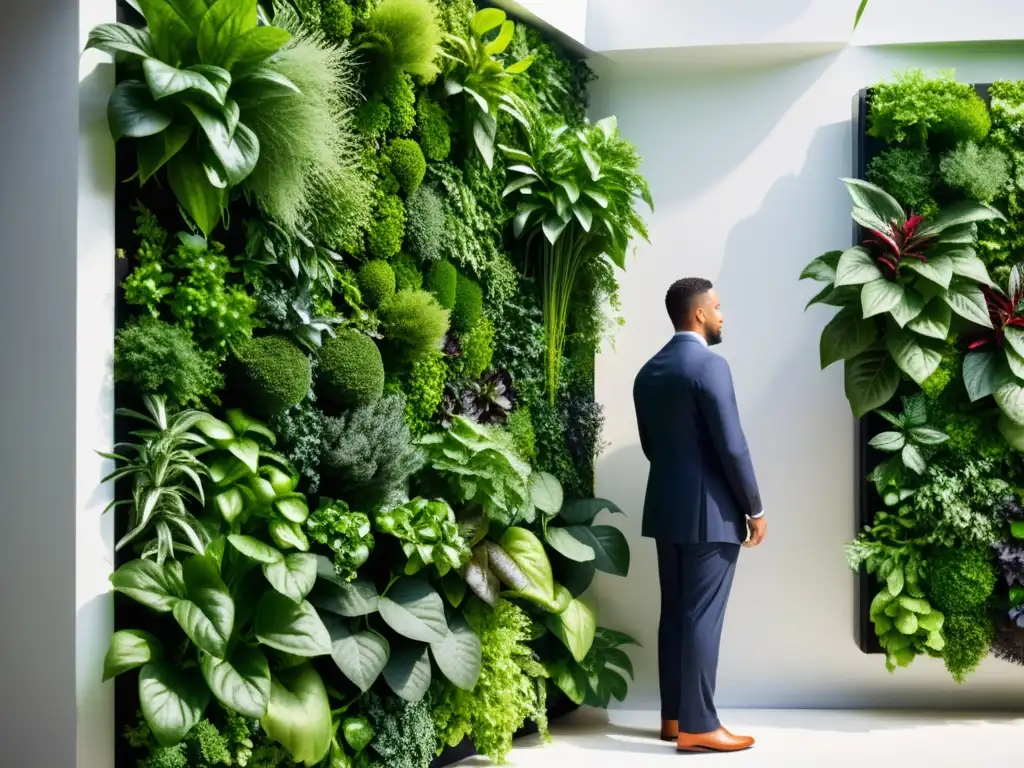 Detallada imagen de un jardín vertical con hierbas y vegetales vibrantes, en modernos maceteros, bajo la luz solar