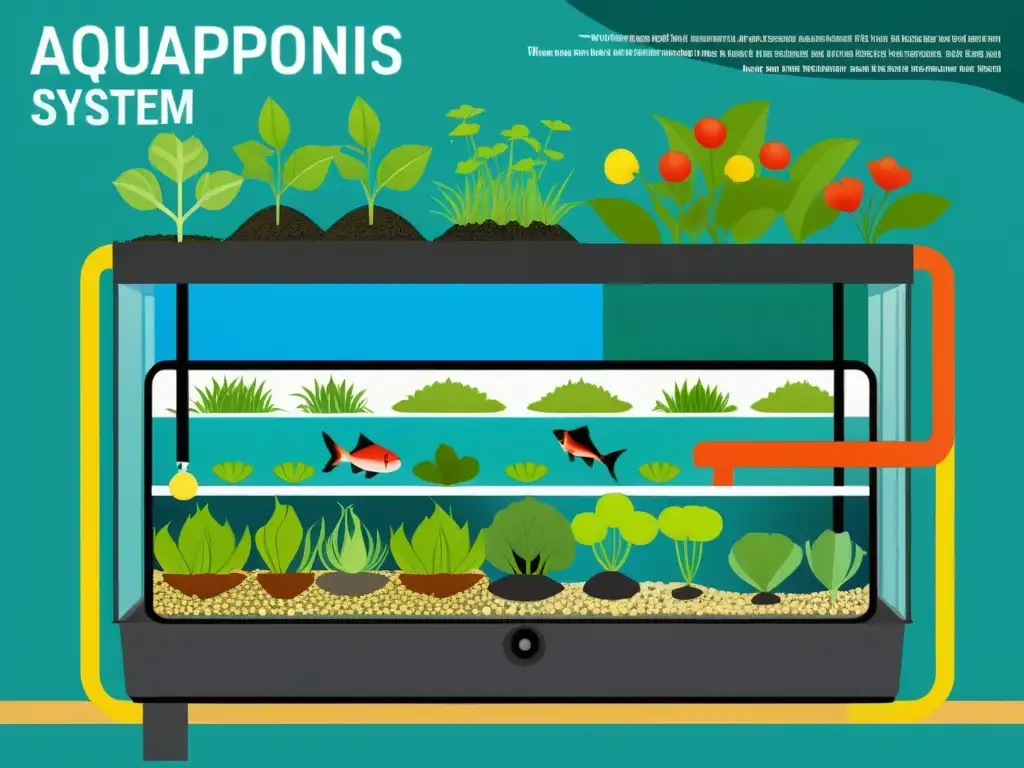 Ilustración detallada y moderna de un sistema acuapónico con errores de diseño evitables